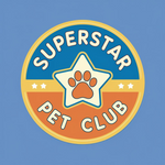 Superstar Pet Club logo with a star and paw print on a blue background